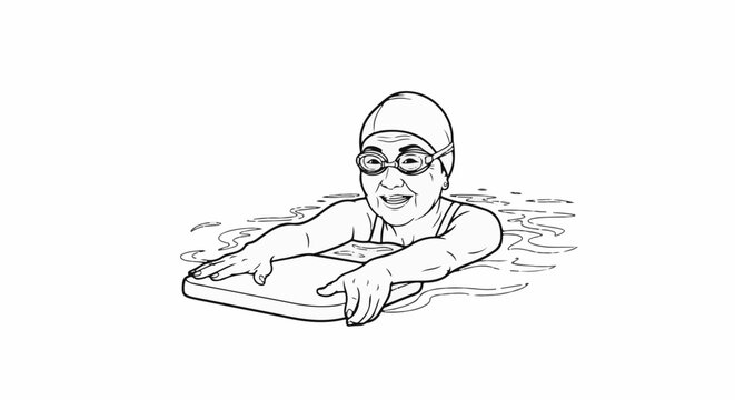 Elderly woman in swimming cap and goggles enjoys swimming with a kickboard