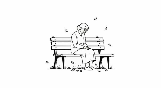 Elderly woman sits alone on a park bench, head bowed in sorrow
