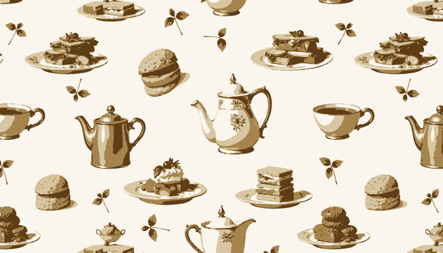 Elegant Tea Time Pattern Featuring Exquisite Teapots, Delicate Cups, Assorted Pastries, and Appetizing Sandwiches with Fresh Garnishes on Creamy Background