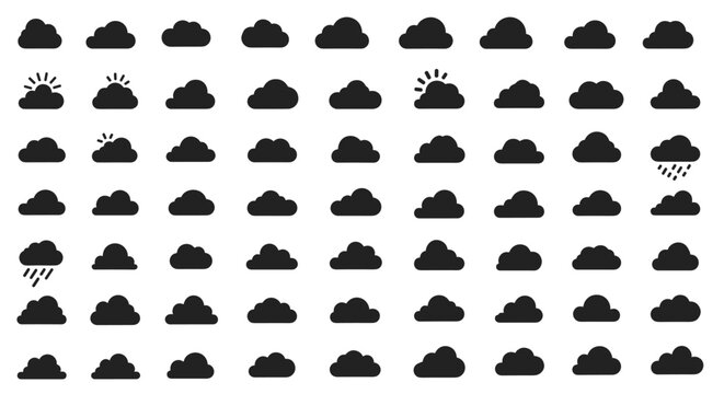 Comprehensive collection of many different black cloud silhouettes and weather icons on a plain white background.