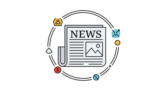 Stylized newspaper icon surrounded by diverse symbols representing global news, media, and digital information sharing.