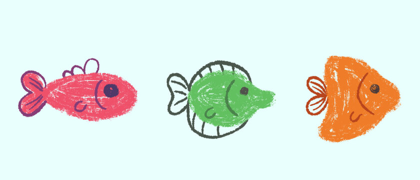 Set of three cute hand drawn tropical fish in textured crayon style. Colorful aquatic characters in pink, green and orange. Perfect for nursery decor, children patterns and educational book materials.