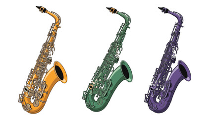 Obraz premium Trio of detailed saxophone musical instruments presented in orange, green, and purple colors on a white background.