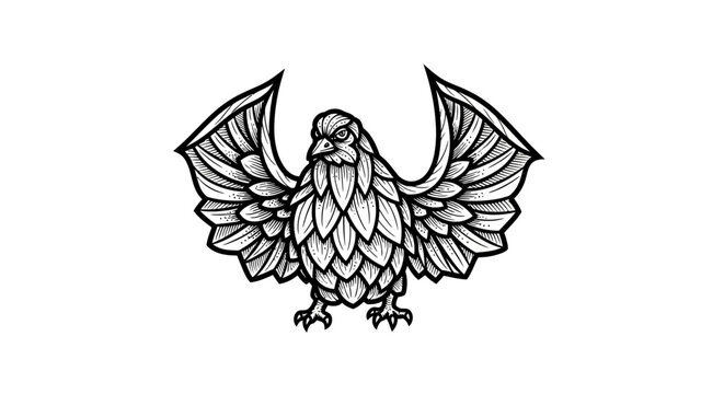Majestic black and white bird illustration, featuring a powerful stylized eagle or hawk with spread wings and intricate feather details, ideal for iconic branding and design