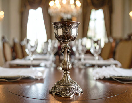 Elegant ornate silver chalice on a formal banquet table. This vintage goblet symbolizes luxury and tradition, perfect for historical, royal, or highend event themes and editorial use.