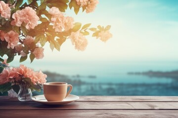 Obraz premium Coffee cup and flowers on a wooden table overlooking a serene sea scape