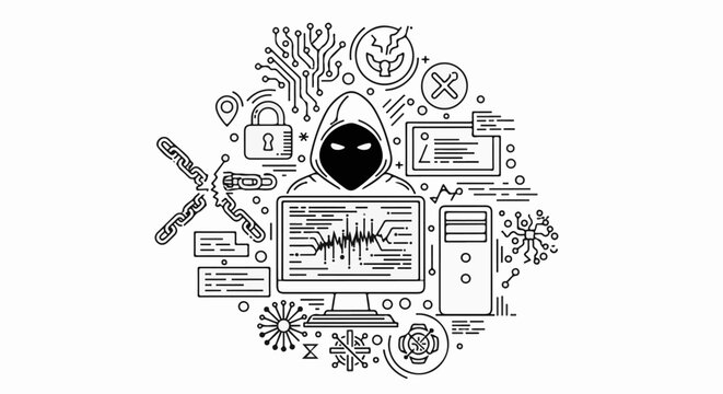 Digital hacker operating computer with cybersecurity icons, code, and broken chains