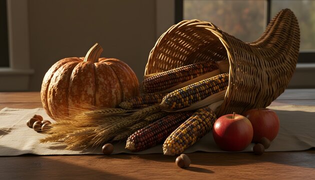 Traditional Thanksgiving centerpiece with a pumpkin and cornucopia overflowing with Indian corn and wheat on a wooden table for a seasonal harvest and abundance concept
