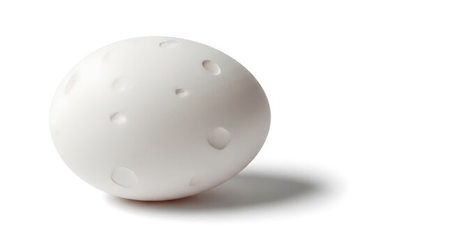 A single white egg with a textured surface resembling the moon, casting a shadow on a clean white background.