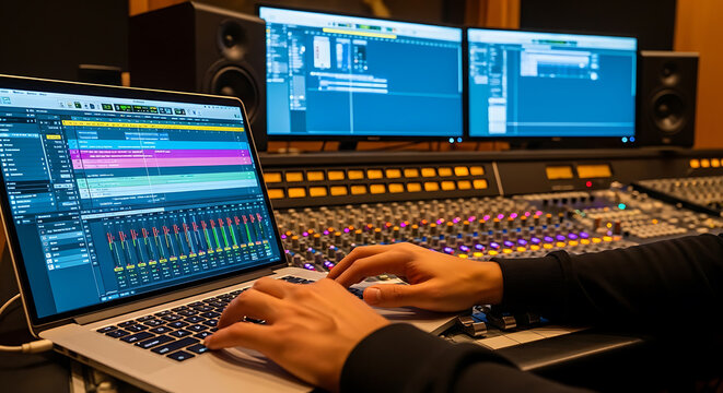 Sound engineer working on music production in recording studio