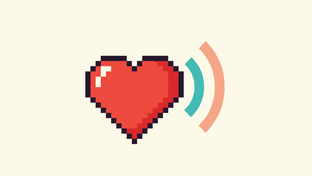 Pixel art red heart with radio frequency or signal waves indicating love connection health monitoring or wireless communication.