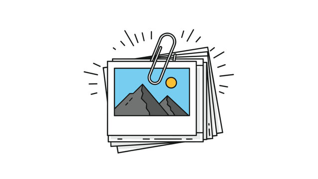 Stack of instant photographs featuring a mountain landscape held together by a metal paperclip as a travel memory and souvenir.