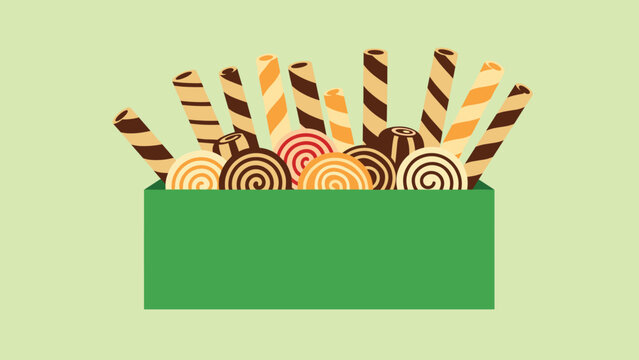 Box filled with a variety of delicious chocolate wafer rolls and swirl cookies for a sweet dessert and snack celebration gift.