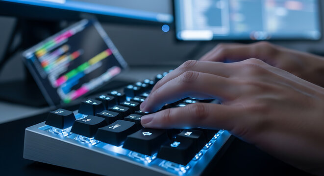 Software developer hands typing code on backlit mechanical gaming keyboard