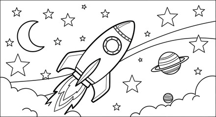 Rocket ship with moon and stars black and white silhouette © Bridal creation