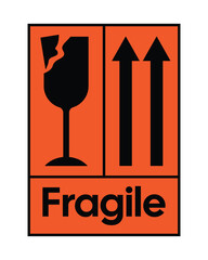 Fototapeta premium Fragile Sign with Broken Glass Icon and Up Arrows, Orange Packaging Label, Handle with Care Shipping Warning for Breakable Items, Warehouse Logistics Transport Safety Signage