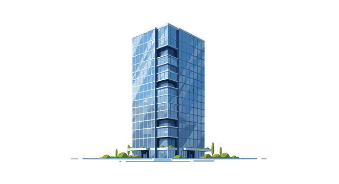 A tall modern glass skyscraper with reflective blue windows stands isolated on a white background with small green bushes and trees at the base structure.