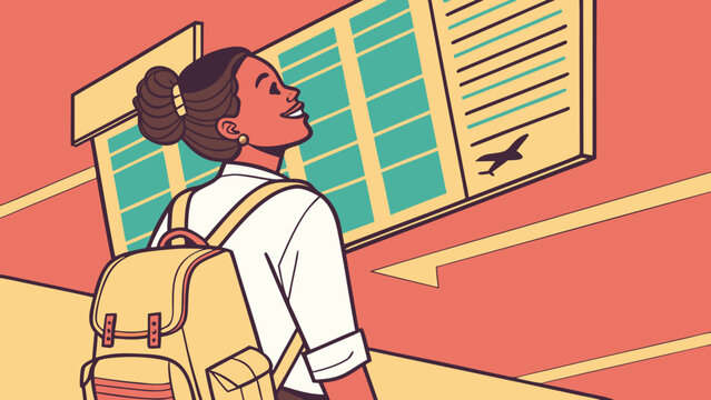 Flat vector illustration of a woman with a backpack walking through an airport terminal