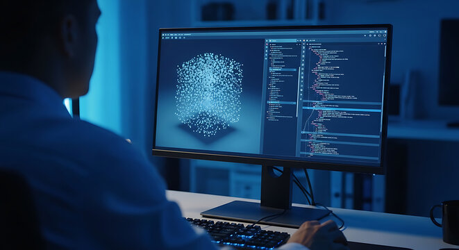 Software Engineer Coding Complex 3D Data Model on Desktop Computer