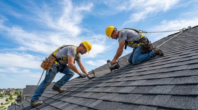 Professional roofers using safety harnesses and equipment to fix a damaged roof section.