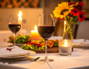 Naklejka premium Glass of red wine on restaurant table with warm candlelight close up