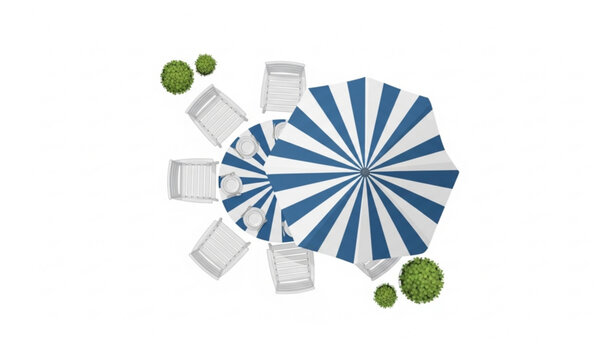 Top view garden patio with striped umbrella and white chairs vector outdoor furniture layout design