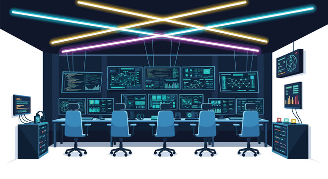 A high-tech control room with five workstations features vibrant neon ceiling lights that cross over each other in geometric patterns against a dark background.