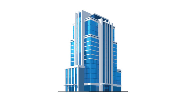 A modern glass skyscraper featuring blue tinted windows and a sleek white facade stands isolated against a plain white background in a 3D architectural render.