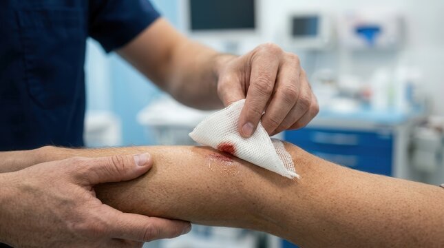 Paramedicine team member applying a protective dressing on a diabetic ulcer wound.
