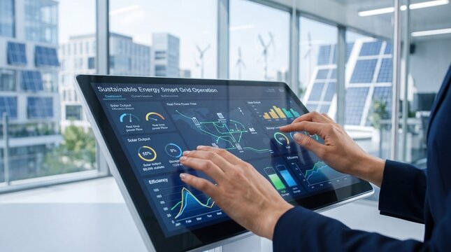 Sustainable energy smart grid operation dashboard, solar power monitoring system interface with data analytics graphs in modern office window view.