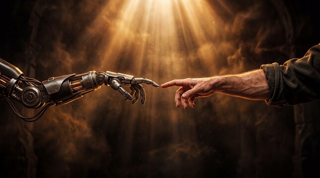 A robotic hand and a human hand reach out to touch fingers in a divine light.