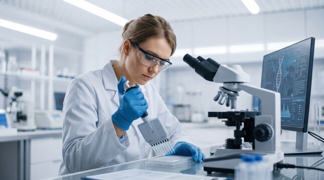 Female scientist working in laboratory using microscope and pipette for genetic research, medical analysis with DNA data on computer screen.