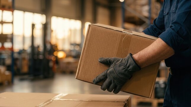 Worker carefully lifting a heavy cardboard box with proper back posture for safety.