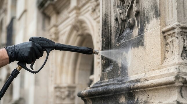 Low pressure washing tool gently removing dark soot from an aged limestone facade.
