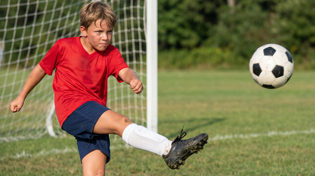 Young boy kicking soccer ball toward empty goal on grassy field  