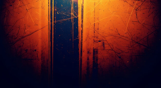 Dark Grunge Abstract Background with Scratched Orange Texture and Light Rays