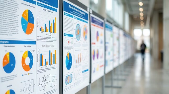 Colorful scientific posters and diagrams with a distant blur.