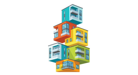 Naklejka premium A vertical stack of five modern cubic apartment buildings in vibrant colors features balconies and glass windows arranged against a plain white background surface.