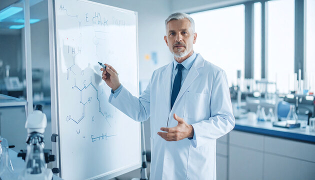 Professional senior scientist teaching complex chemistry on a whiteboard in a bright lab. Perfect for biotech, healthcare, or academic presentations about innovation and scientific research.