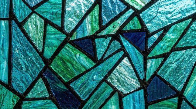 Abstract geometric design of a mosaic style stained glass window in blue and green.