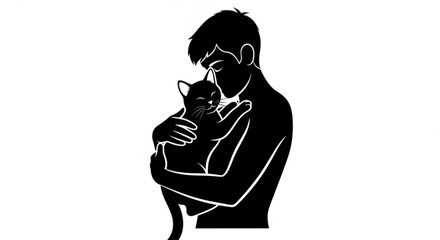 Man holding cat in arms silhouette of person cuddling feline black and white illustration © Umair