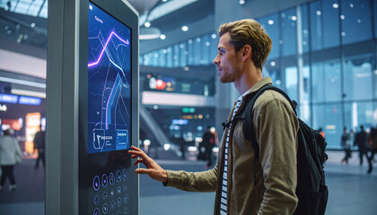 Naklejka premium Young traveler using a hightech digital kiosk map in a modern airport. Represents smart city navigation and futuristic wayfinding technology for tech, tourism, and innovation marketing.