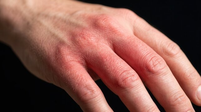 First degree burn on a human hand showing vivid red heat marks and epidermal irritation.