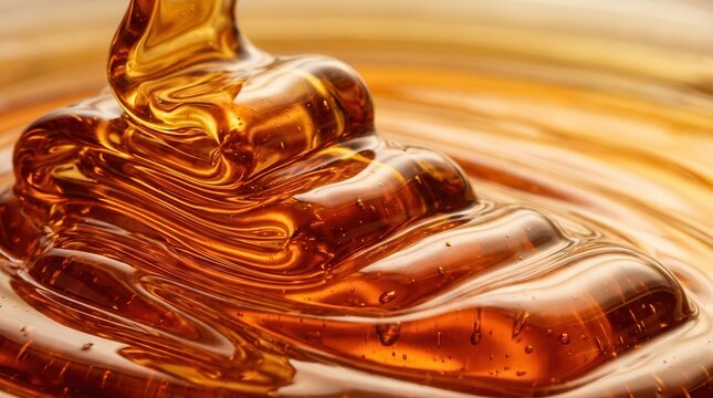 Thick viscous texture of fresh pure maple syrup cascading in unique patterns.
