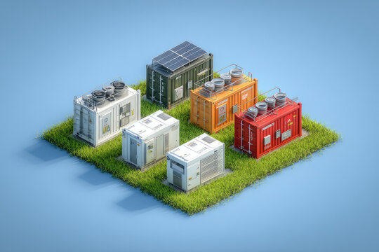 rendering energy storage systems or battery containers isometric on green grass under a blue sky