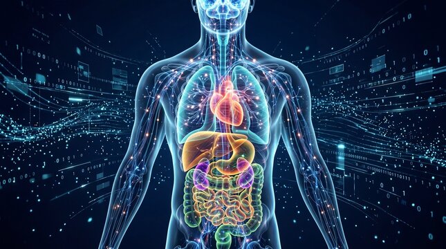 A glowing transparent human body showing illuminated internal organs and systems.