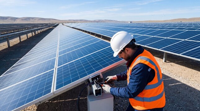 Solar panel technician maintaining photovoltaic system in renewable energy farm under clear blue sky, ensuring optimal power generation and sustainable infrastructure development.