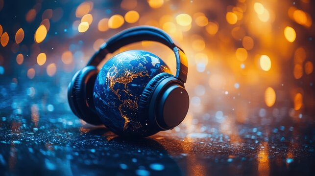 3d planet earth with wireless headphones in futuristic neon light bokeh background