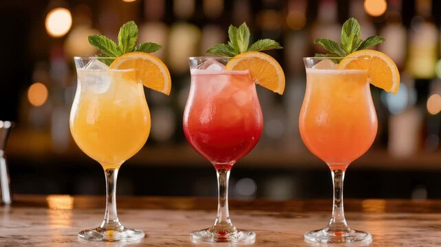 Three chilled cocktails in stem glasses garnished with orange slices and fresh mint leaves stand on bar counter with blurred bottles, symbolizing nightlife and refreshment