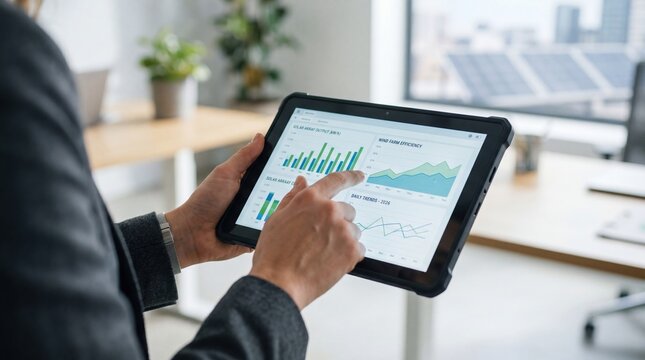 Hands holding tablet displaying solar array output and wind farm efficiency charts for energy management
